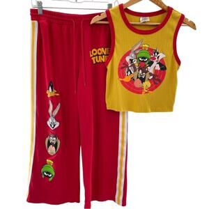 Vintage Looney Tunes Crop Top Wide Leg Crop Pant Loungewear 2Pc. Set Size Medium